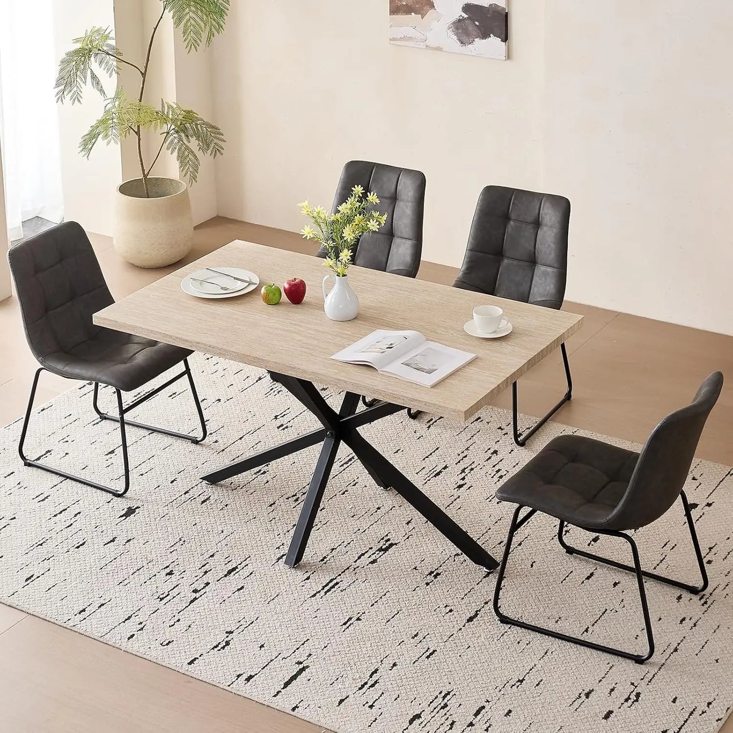 55" Wood Kitchen or Dining Table Set for 4, with 4 Synthetic Leather Chairs, Metal Legs