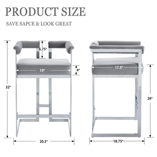26", Chrome Finish Metal, Modern Bar Counter Height Stool, Set of 2