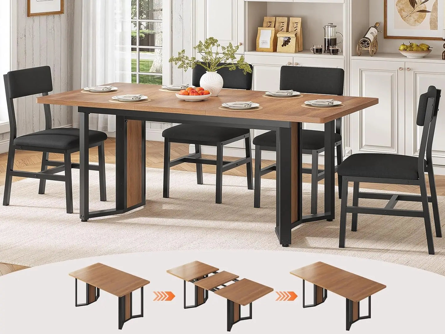 4-6 Person Extendable Dining Table Set with 4 Cushioned Chairs