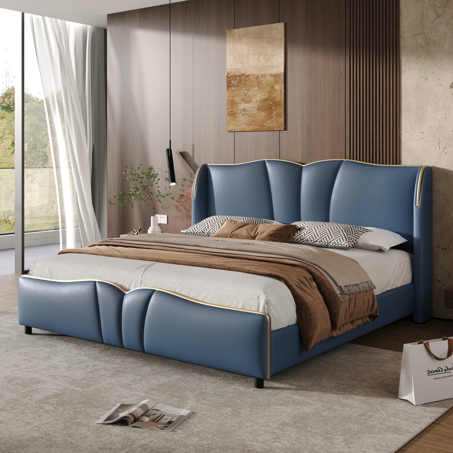 Leather Upholstered Bed Frame with Wingback Head board,