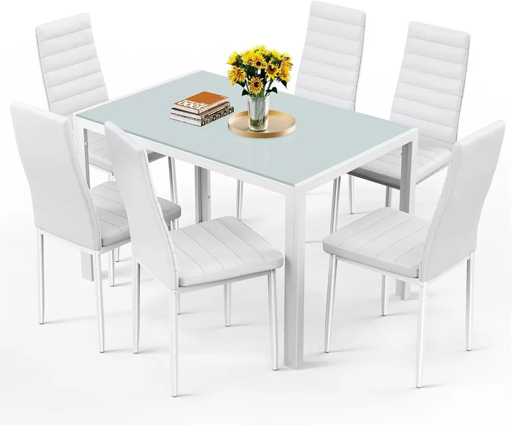 7-Piece Tempered Glass Dining Table Set for 6 with 6 White Chairs