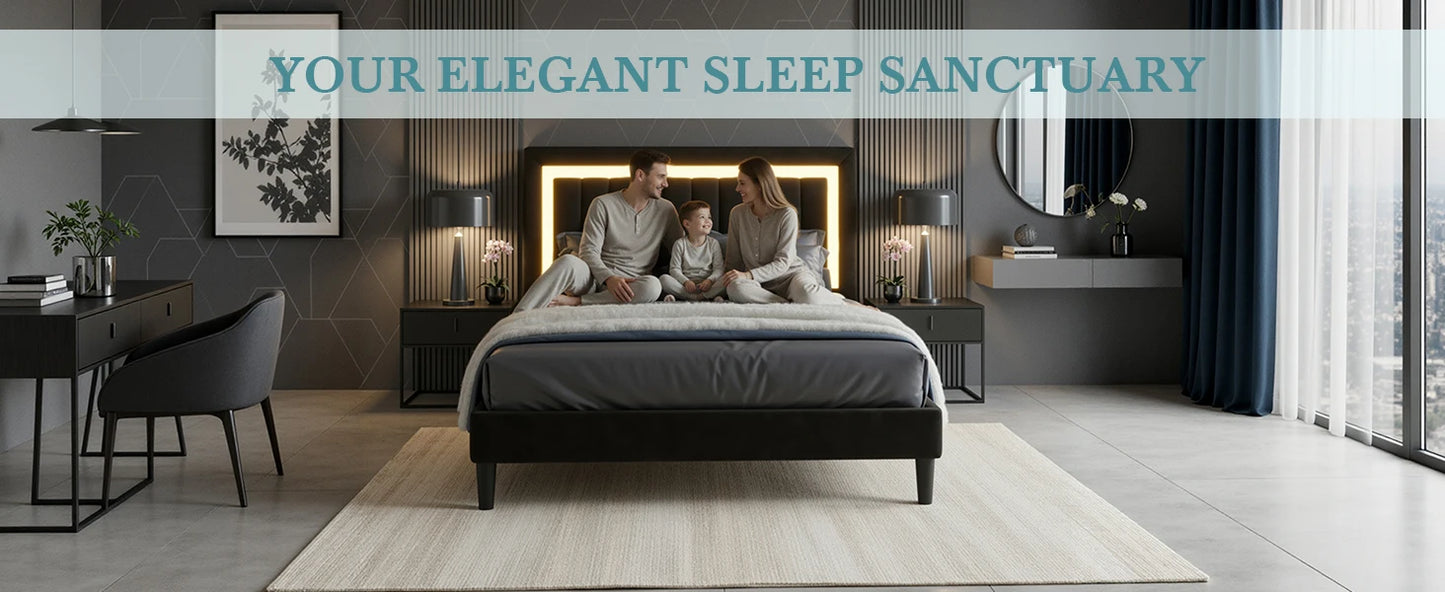 Full/Queen/King Velvet Platform Bed Frame with RGB LED Headboard