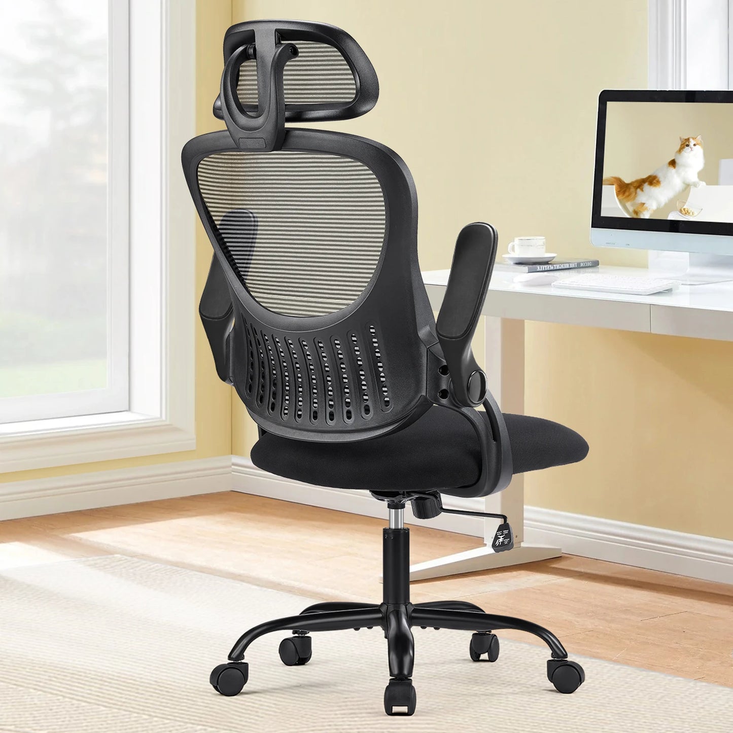 Computer Desk Chair, Flip-up Arms, Adjustable Headrests