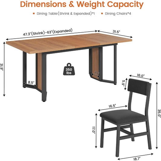 4-6 Person Extendable Dining Table Set with 4 Cushioned Chairs