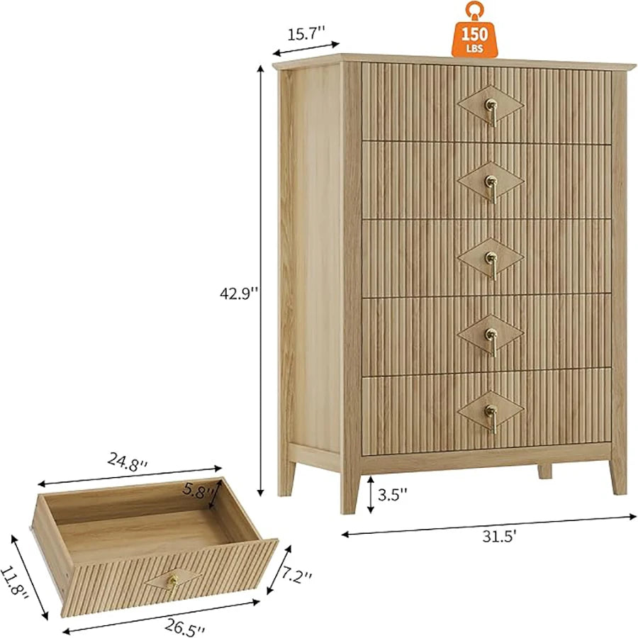 42.9" Tall, Fluted 5 Drawers Dresser, Modern Chest of Drawers with Metal Handle