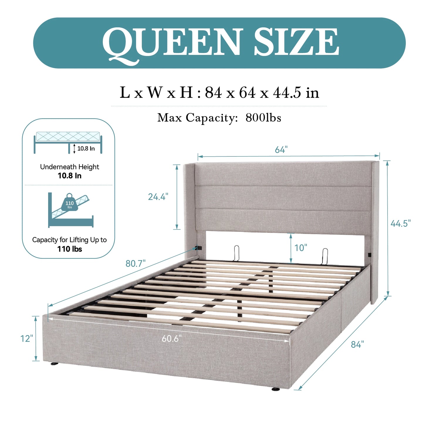 Lift Up Storage Bed with Wingback Headboard