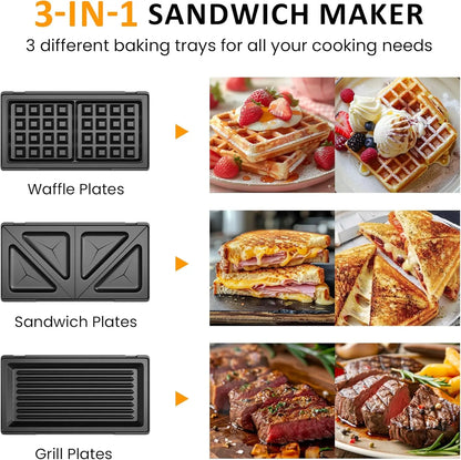 3 in 1 Sandwich Maker Press with Non-Stick Plates