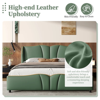 Leather Upholstered Bed Frame with Wingback Head board,