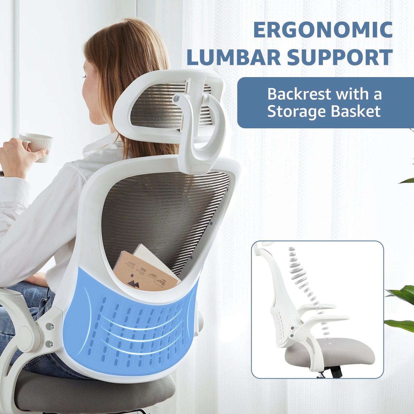 Computer Desk Chair, Flip-up Arms, Adjustable Headrests