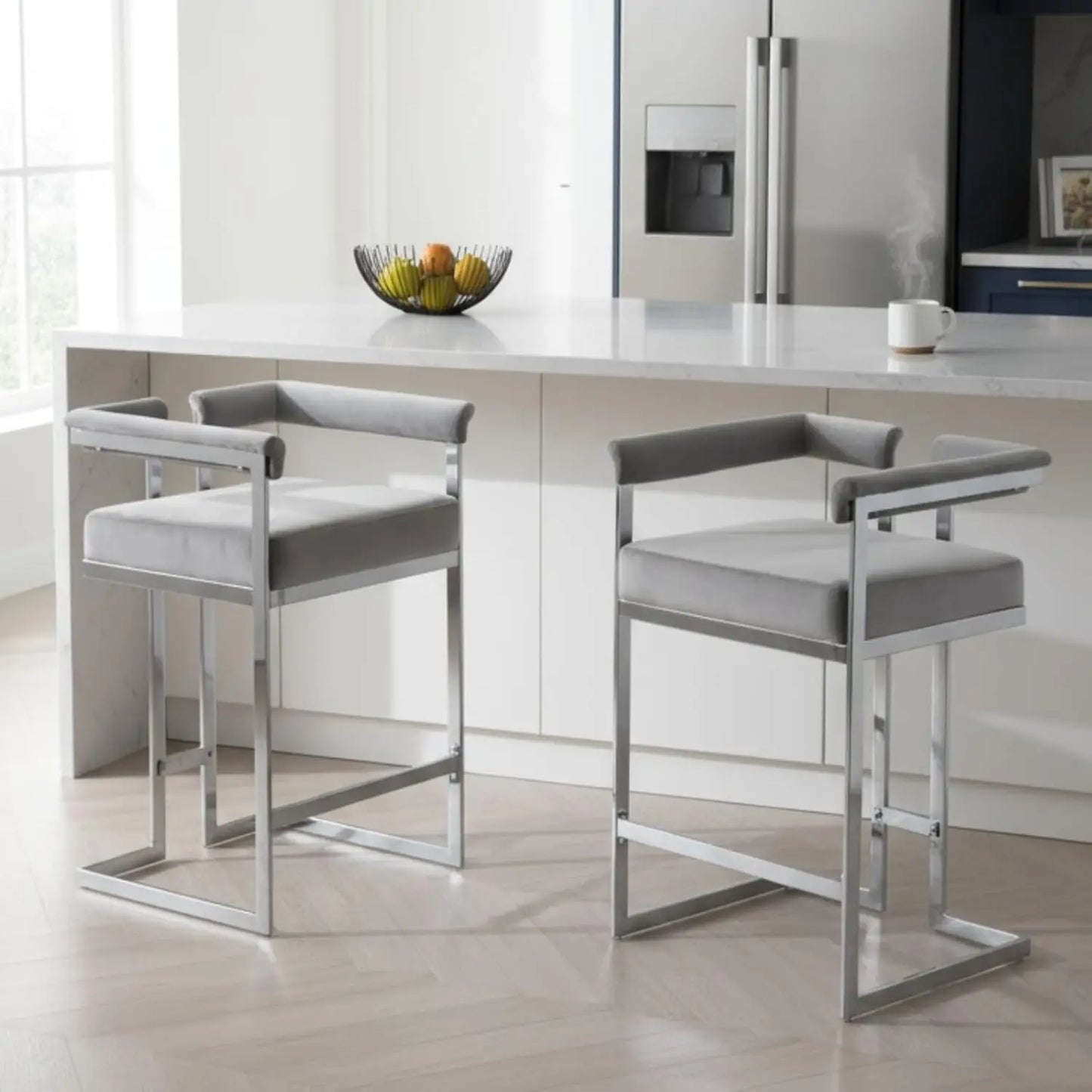 26", Chrome Finish Metal, Modern Bar Counter Height Stool, Set of 2