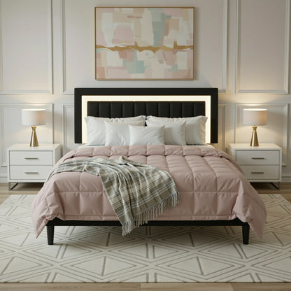 Full/Queen/King Velvet Platform Bed Frame with RGB LED Headboard