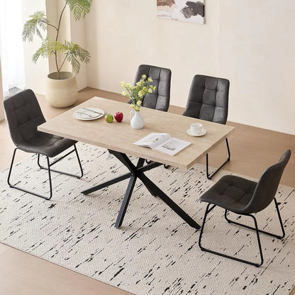 55" Wood Kitchen or Dining Table Set for 4, with 4 Synthetic Leather Chairs, Metal Legs