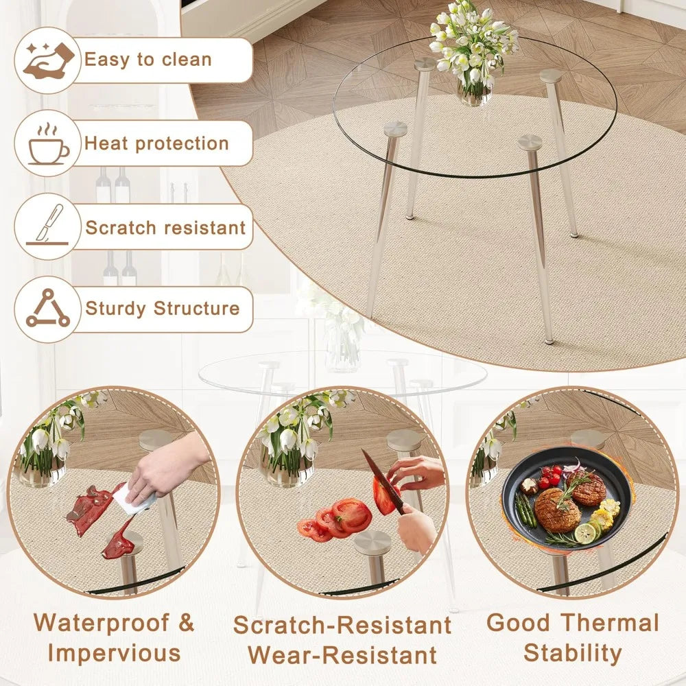 Glass Dining Table Set For 4, Round Table And Chairs With Faux