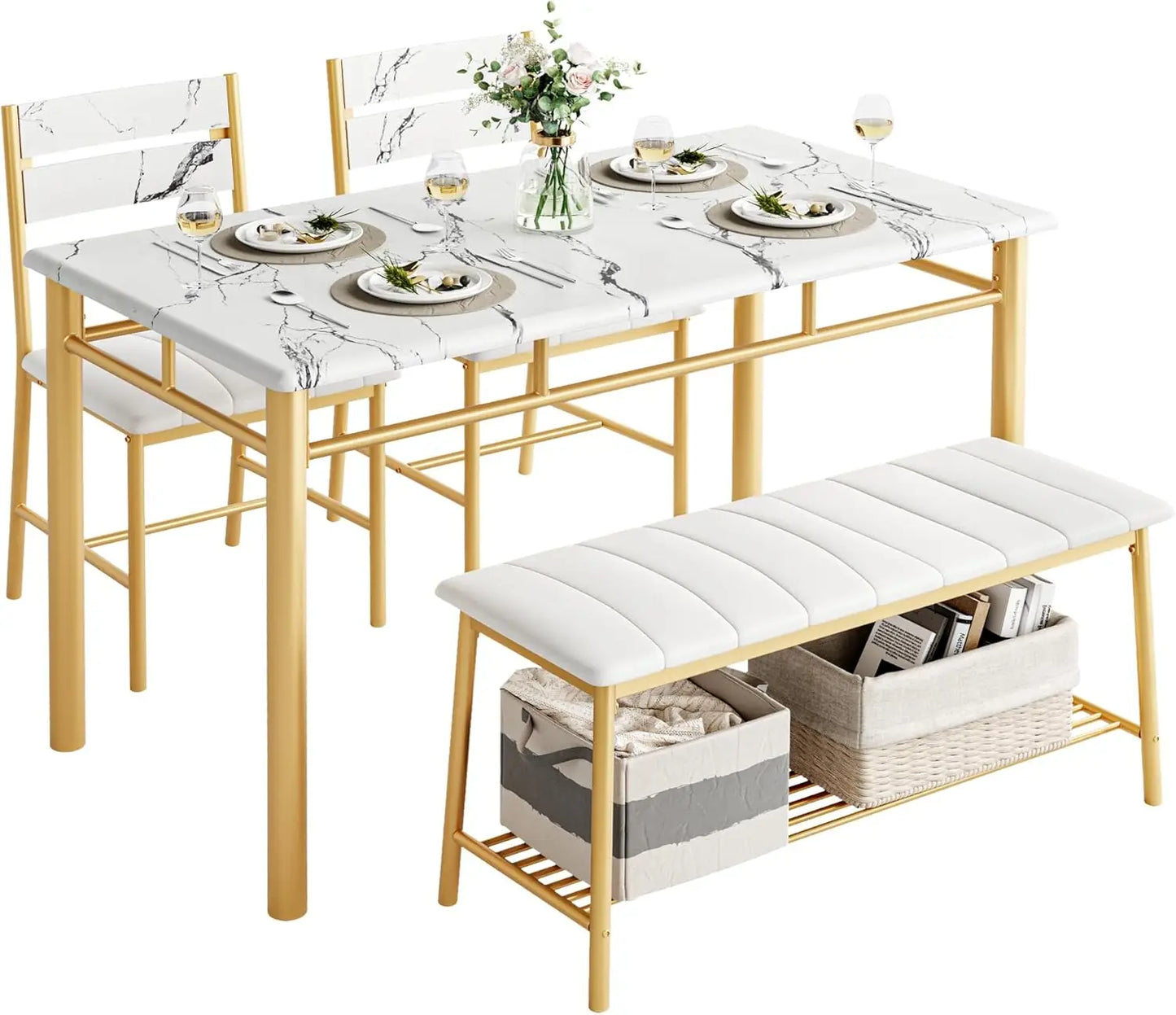 Dining Table Set for 4 with Upholstered Bench and 2 Chairs