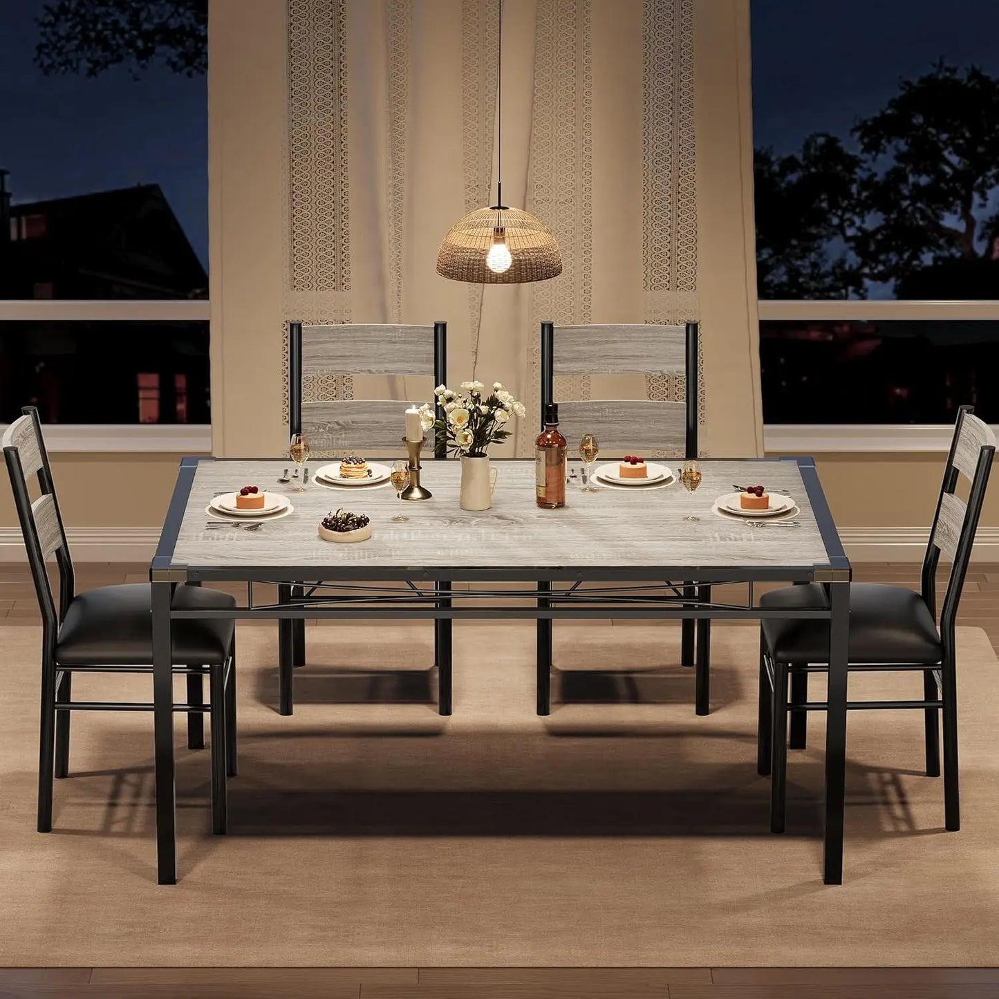 Dining Table Set for 4, Wood Kitchen Table with Corner Protector  with 4 Upholstered Chairs