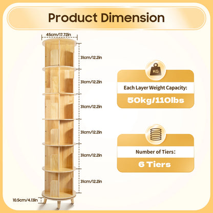 Rotating Bookshelf 6 Tiers Pine Wood