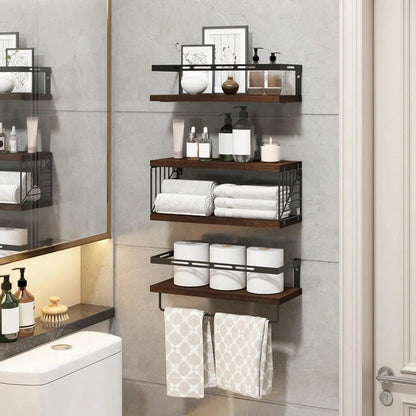 Wall Mounted Bathroom Shelves Over Toilet, Rustic Wood Floating Shelves With Metal Frame Towel Bar