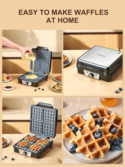 Belgian Waffle Maker 4 Slices, Nonstick Plates, Indicator