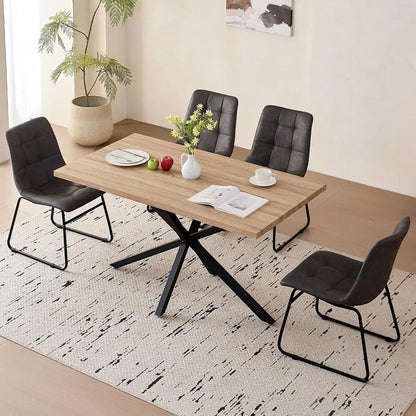 55" Wood Kitchen or Dining Table Set for 4, with 4 Synthetic Leather Chairs, Metal Legs
