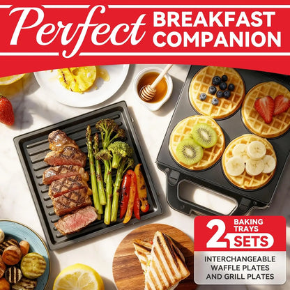 2 in 1 Mini Waffle Maker with Removable Plates and Panini Press Sandwich Maker