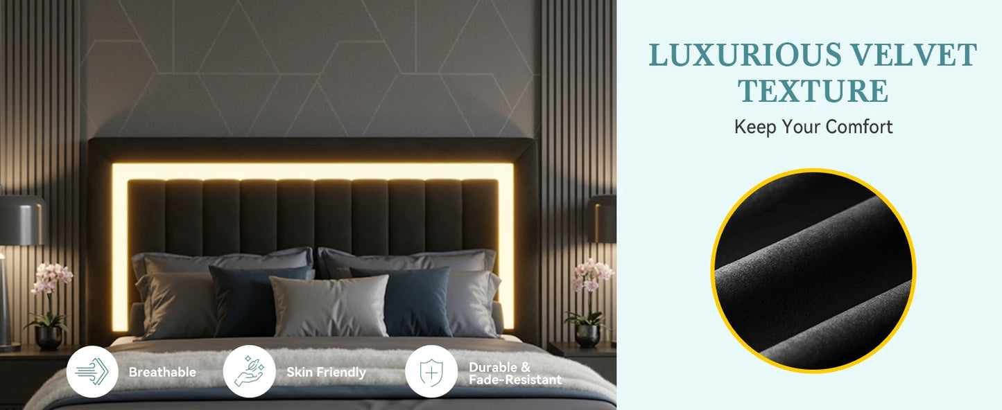 Full/Queen/King Velvet Platform Bed Frame with RGB LED Headboard
