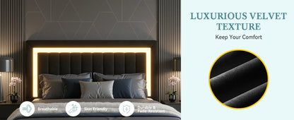 Full/Queen/King Velvet Platform Bed Frame with RGB LED Headboard