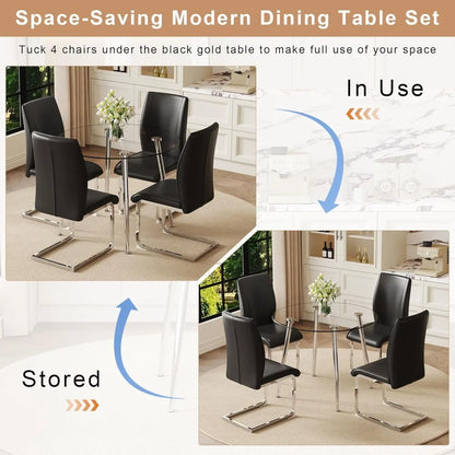 Glass Dining Table Set For 4, Round Table And Chairs With Faux