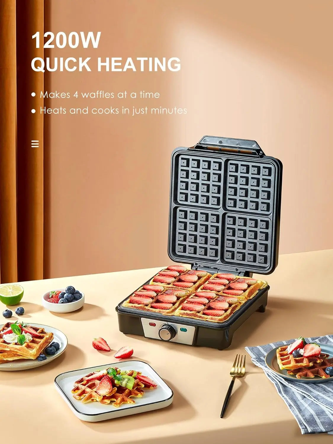 Belgian Waffle Maker 4 Slices, Nonstick Plates, Indicator