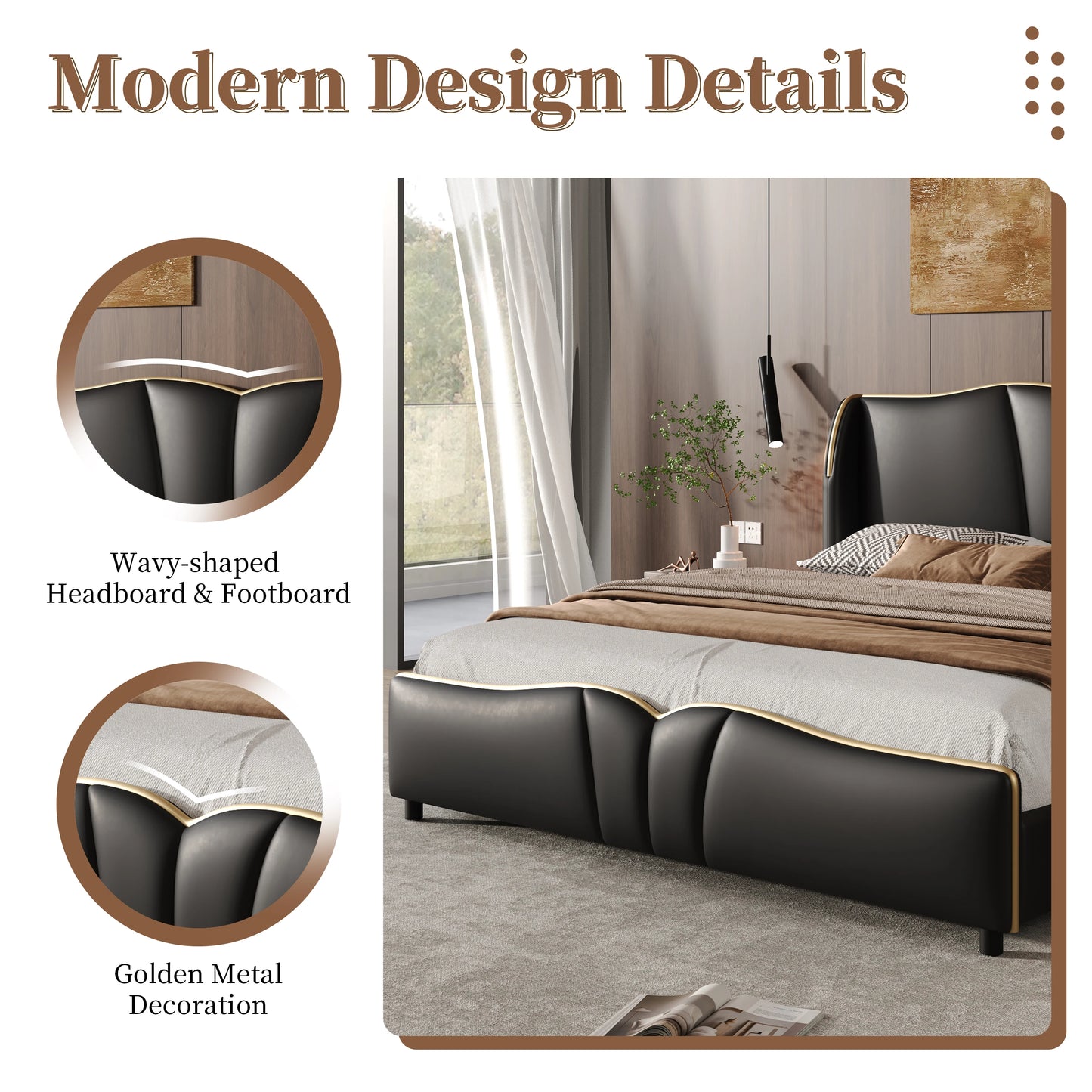 Leather Upholstered Bed Frame with Wingback Head board,