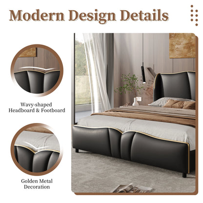 Leather Upholstered Bed Frame with Wingback Head board,
