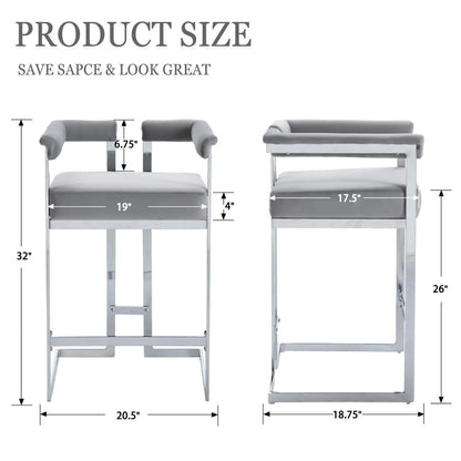 26", Chrome Finish Metal, Modern Bar Counter Height Stool, Set of 2