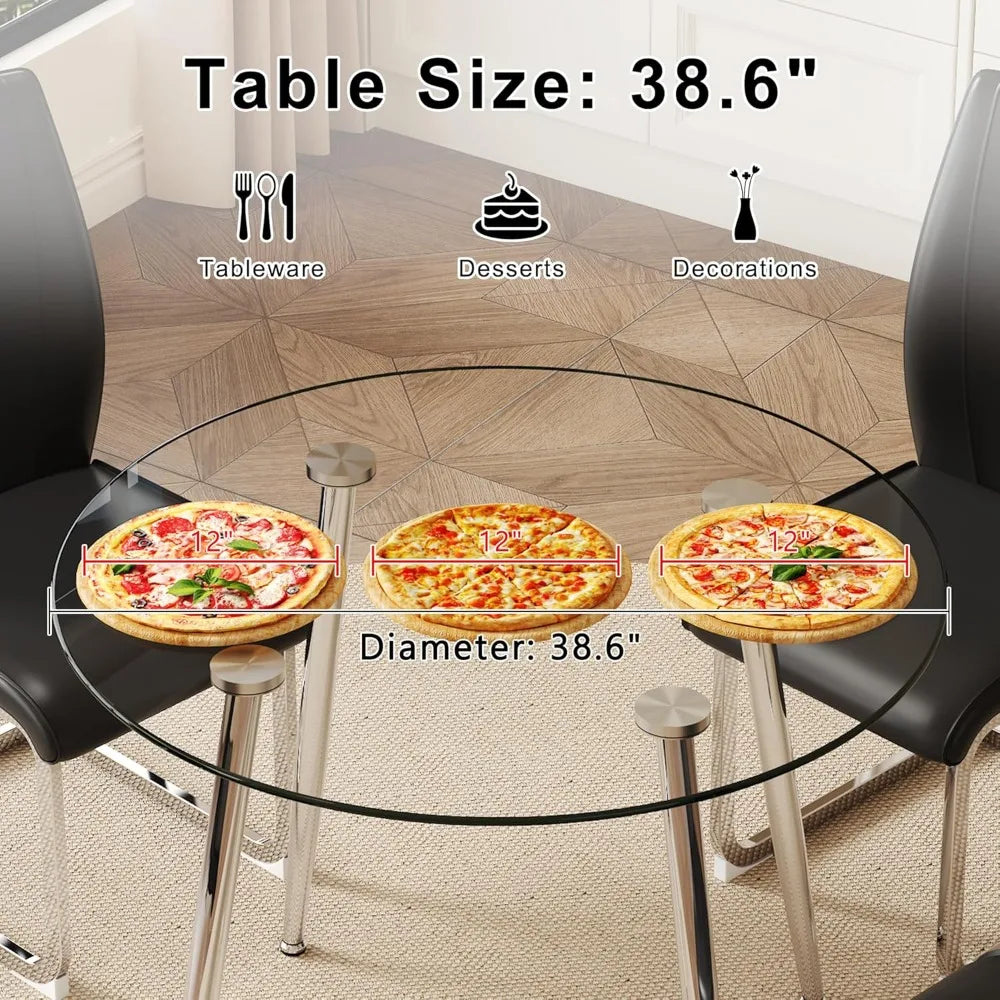 Glass Dining Table Set For 4, Round Table And Chairs With Faux