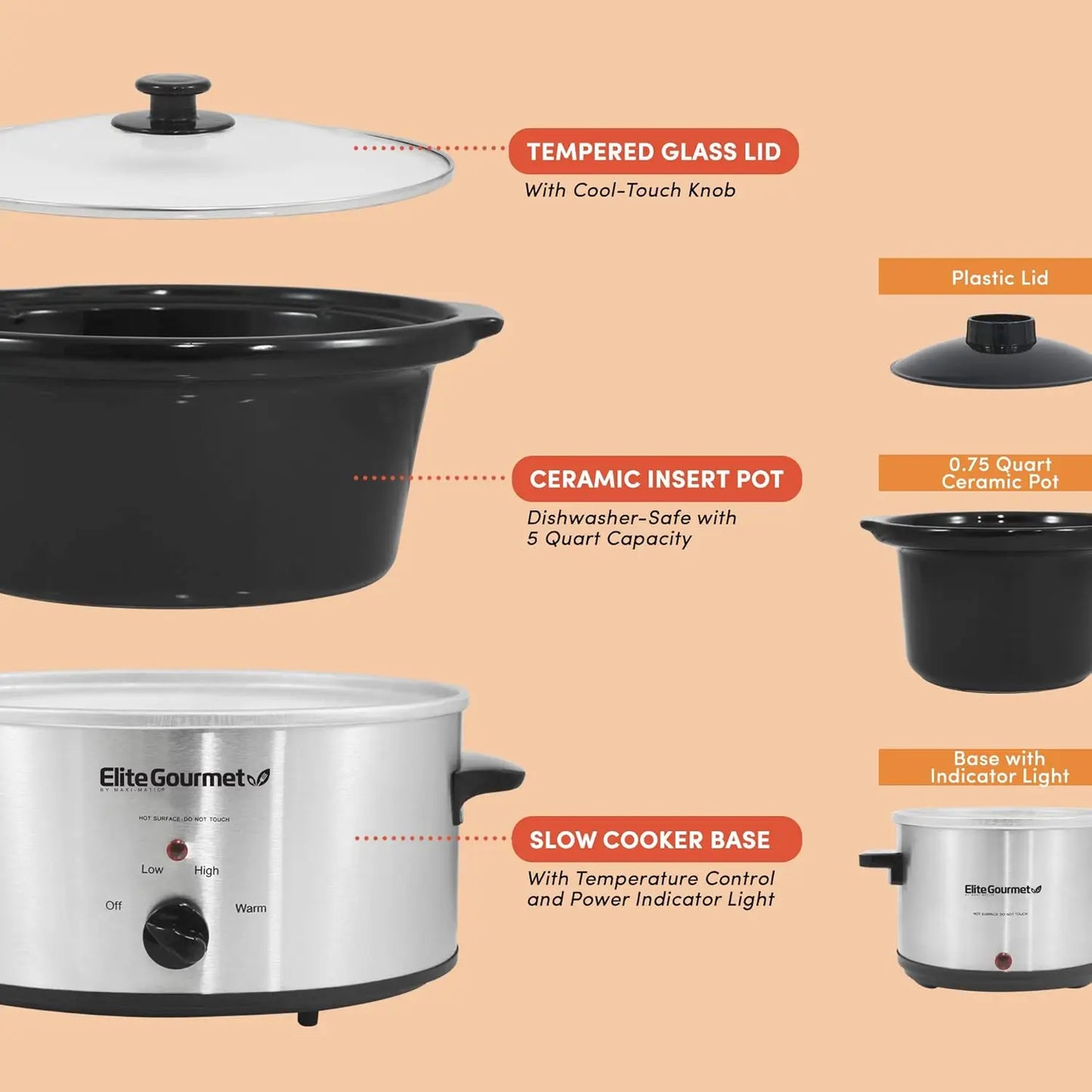 Electric Slow Cooker 5 Quart, Adjustable Temp for Entrees, Sauces, Stews & Dips