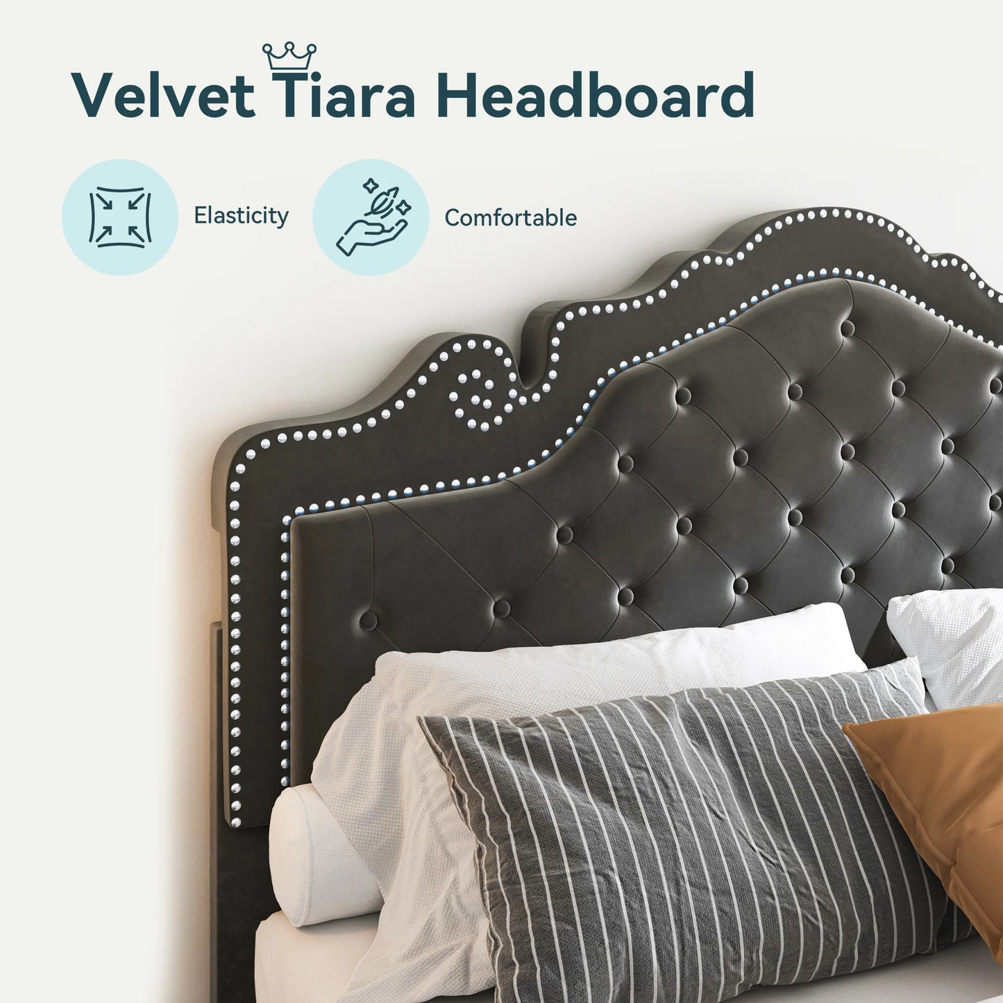 Full/Queen/King Size Velvet Bed Frame with Adjustable Tiara Headboard