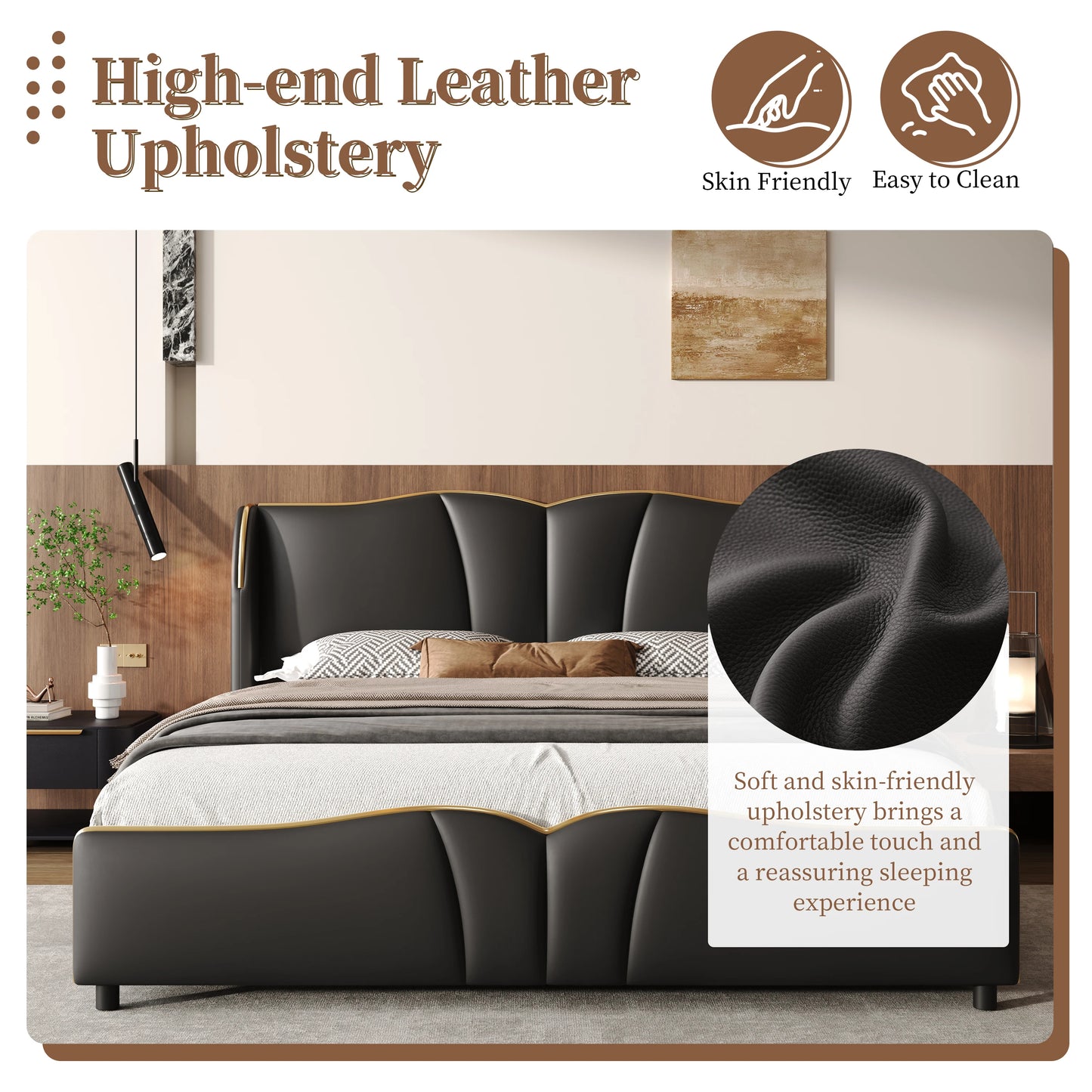 Leather Upholstered Bed Frame with Wingback Head board,