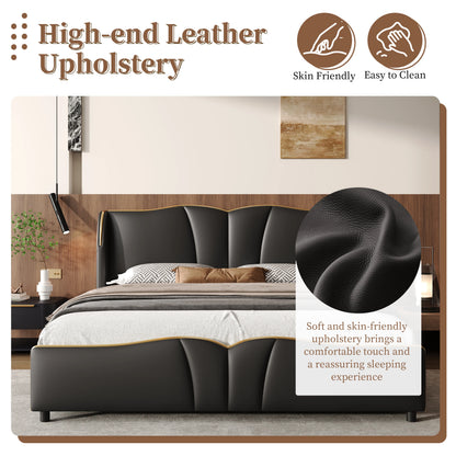 Leather Upholstered Bed Frame with Wingback Head board,