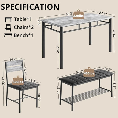 Dining Table Set for 4 with Upholstered Bench and 2 Chairs