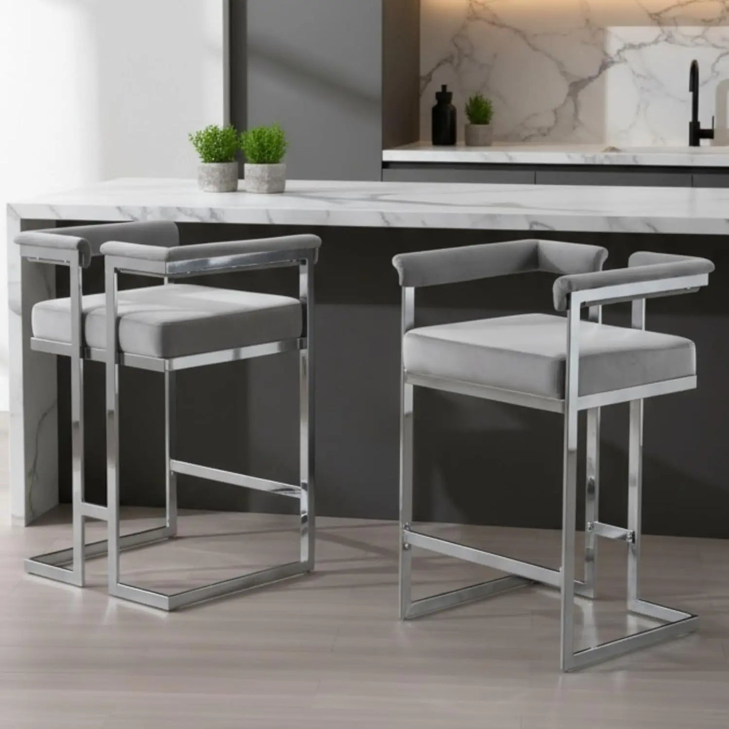 26", Chrome Finish Metal, Modern Bar Counter Height Stool, Set of 2