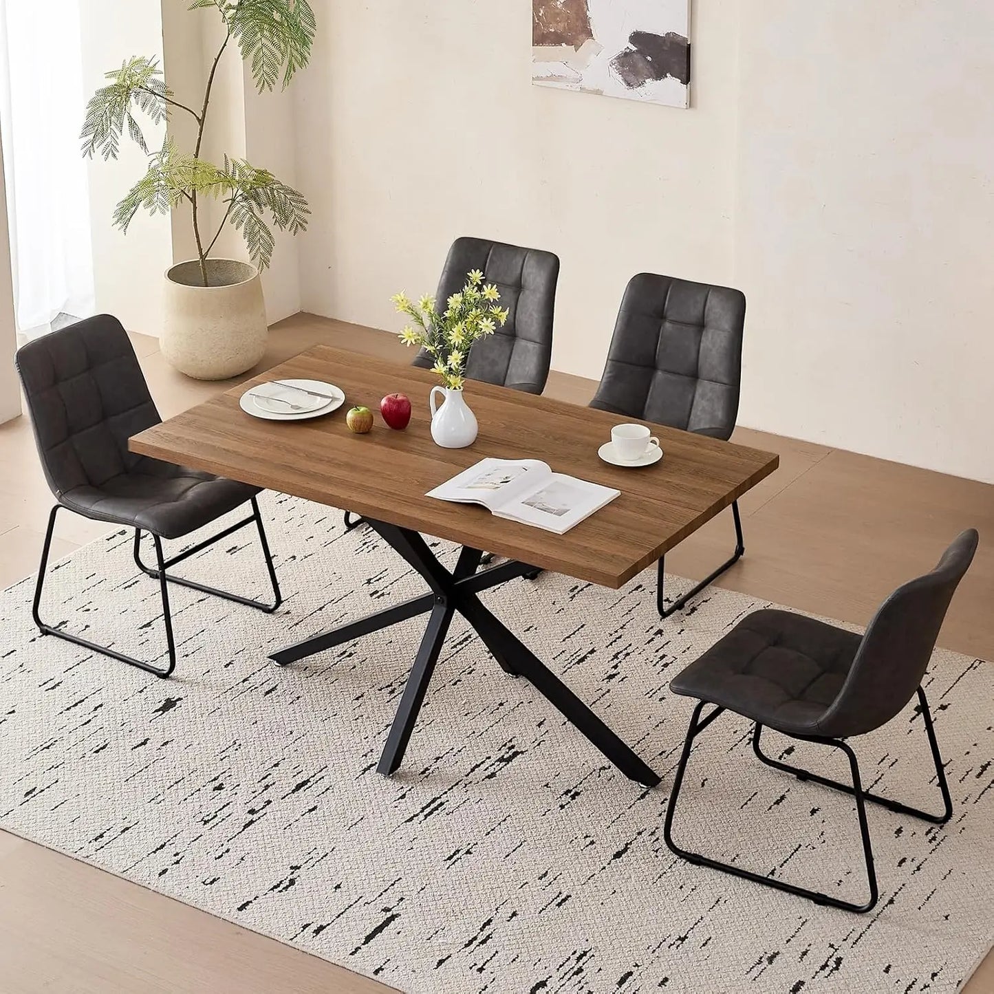 55" Wood Kitchen or Dining Table Set for 4, with 4 Synthetic Leather Chairs, Metal Legs