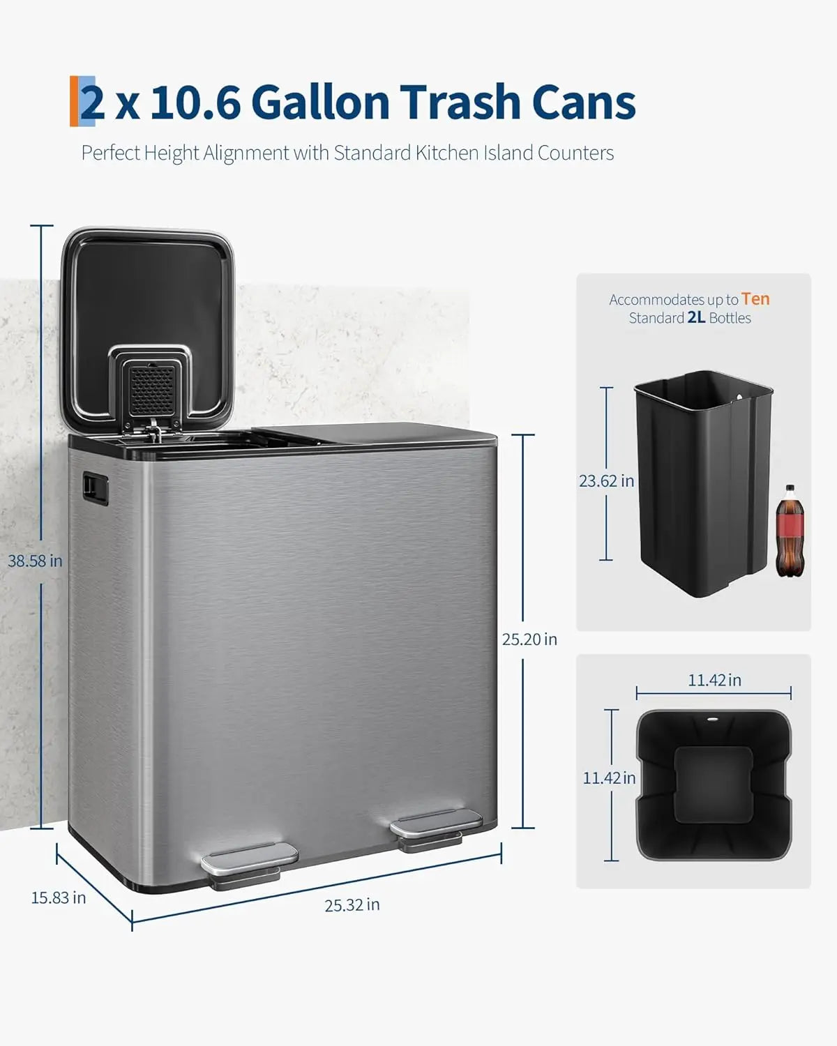 Step Trash Bin for Dual Compartment Recycling Stainless Steel Trash and Recycle Bin