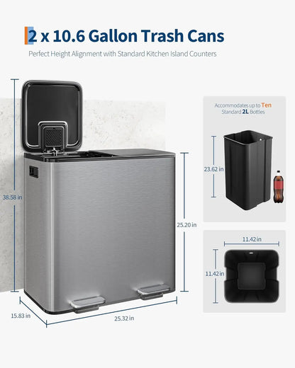 Step Trash Bin for Dual Compartment Recycling Stainless Steel Trash and Recycle Bin