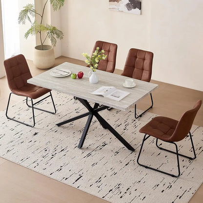 55" Wood Kitchen or Dining Table Set for 4, with 4 Synthetic Leather Chairs, Metal Legs