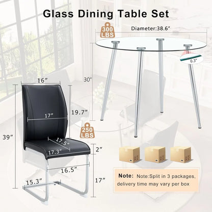 Glass Dining Table Set For 4, Round Table And Chairs With Faux