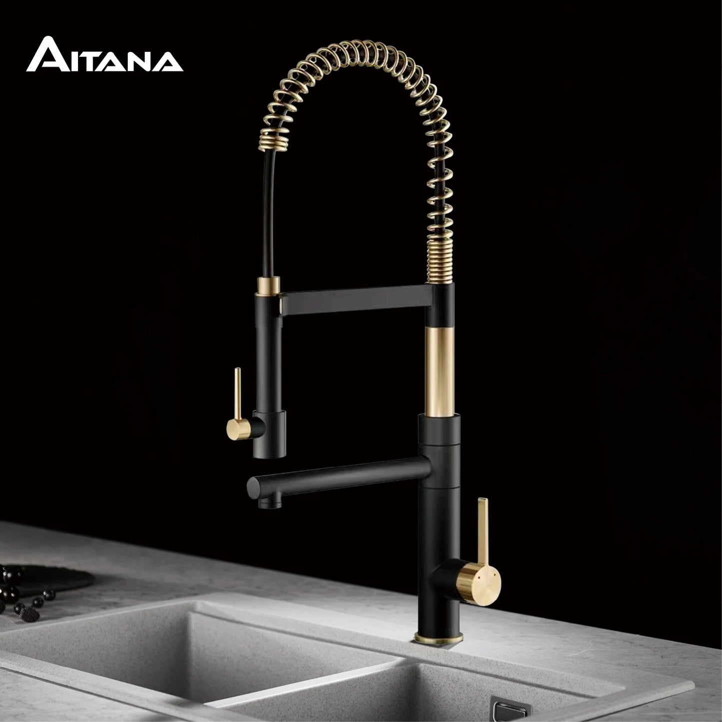 Luxury black kitchen faucet with magnetic suction Pull-Out design Two handles  2-function Tap