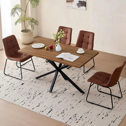 55" Wood Kitchen or Dining Table Set for 4, with 4 Synthetic Leather Chairs, Metal Legs