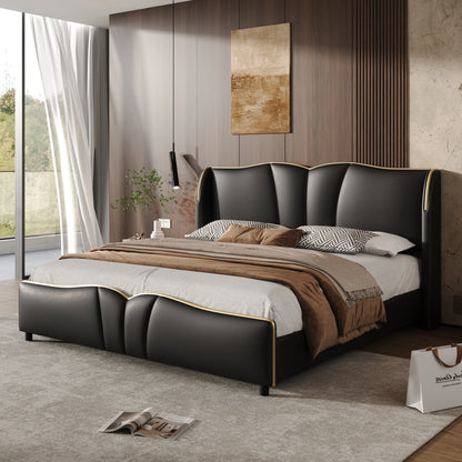 Leather Upholstered Bed Frame with Wingback Head board,