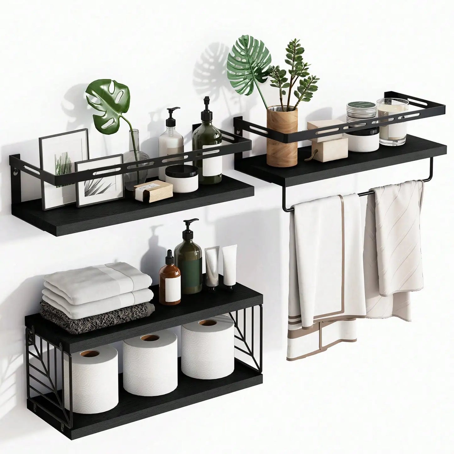 Wall Mounted Bathroom Shelves Over Toilet, Rustic Wood Floating Shelves With Metal Frame Towel Bar