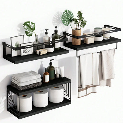 Wall Mounted Bathroom Shelves Over Toilet, Rustic Wood Floating Shelves With Metal Frame Towel Bar
