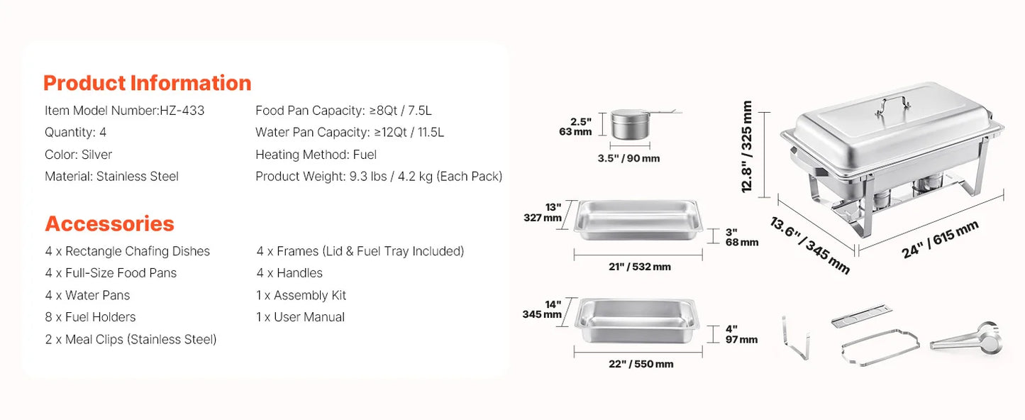 SucceBuy 8 Qt Stainless Steel Chafer with Catering Warmer Server