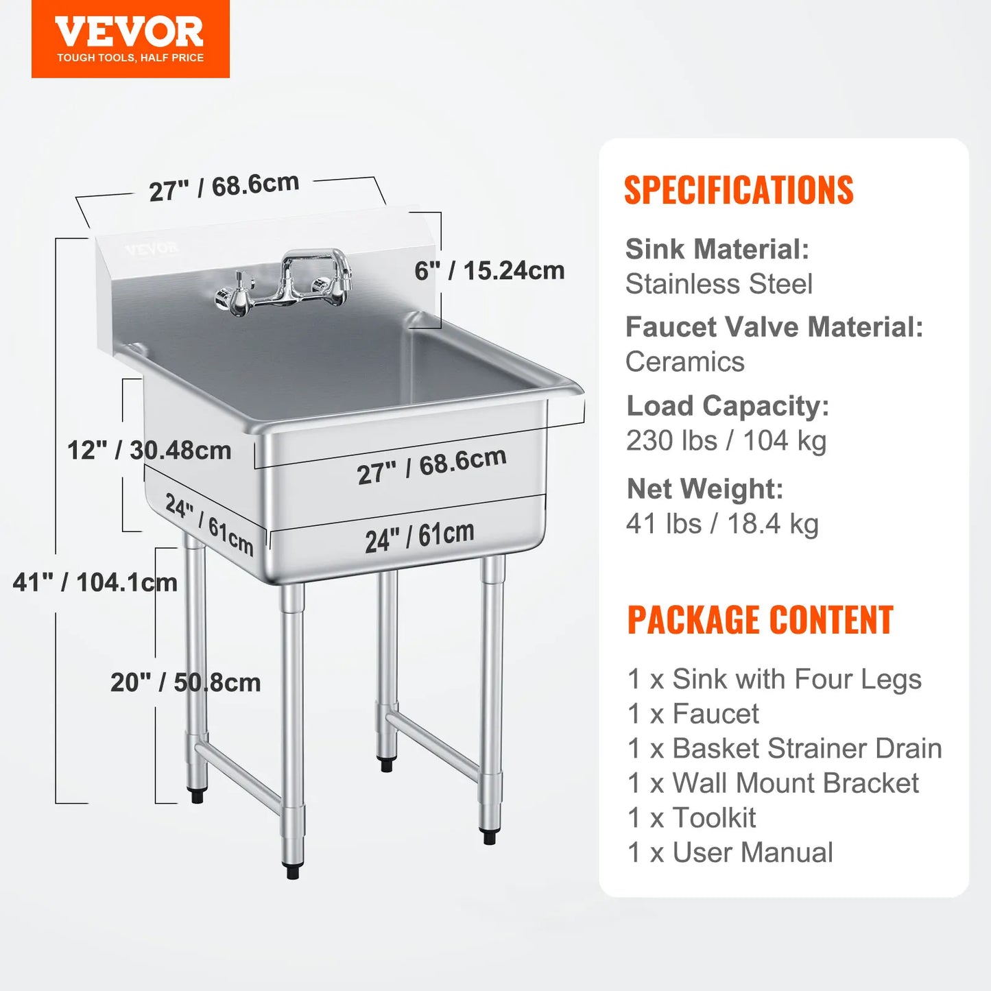 SucceBuy Stainless Steel Kitchen Prep & Utility Sink 1 Compartment
